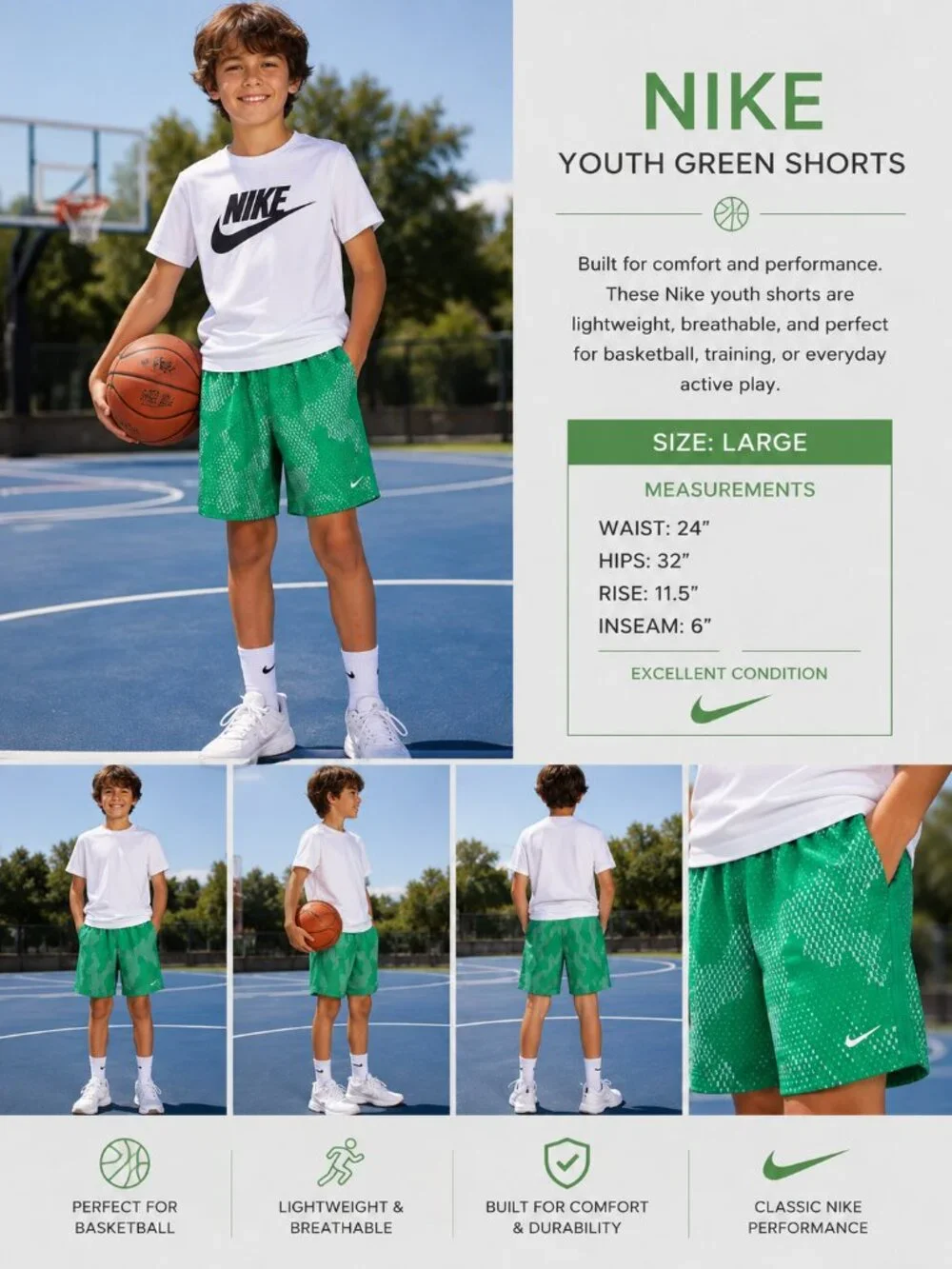 Nike Dri-FIT Youth Green Basketball Shorts Large